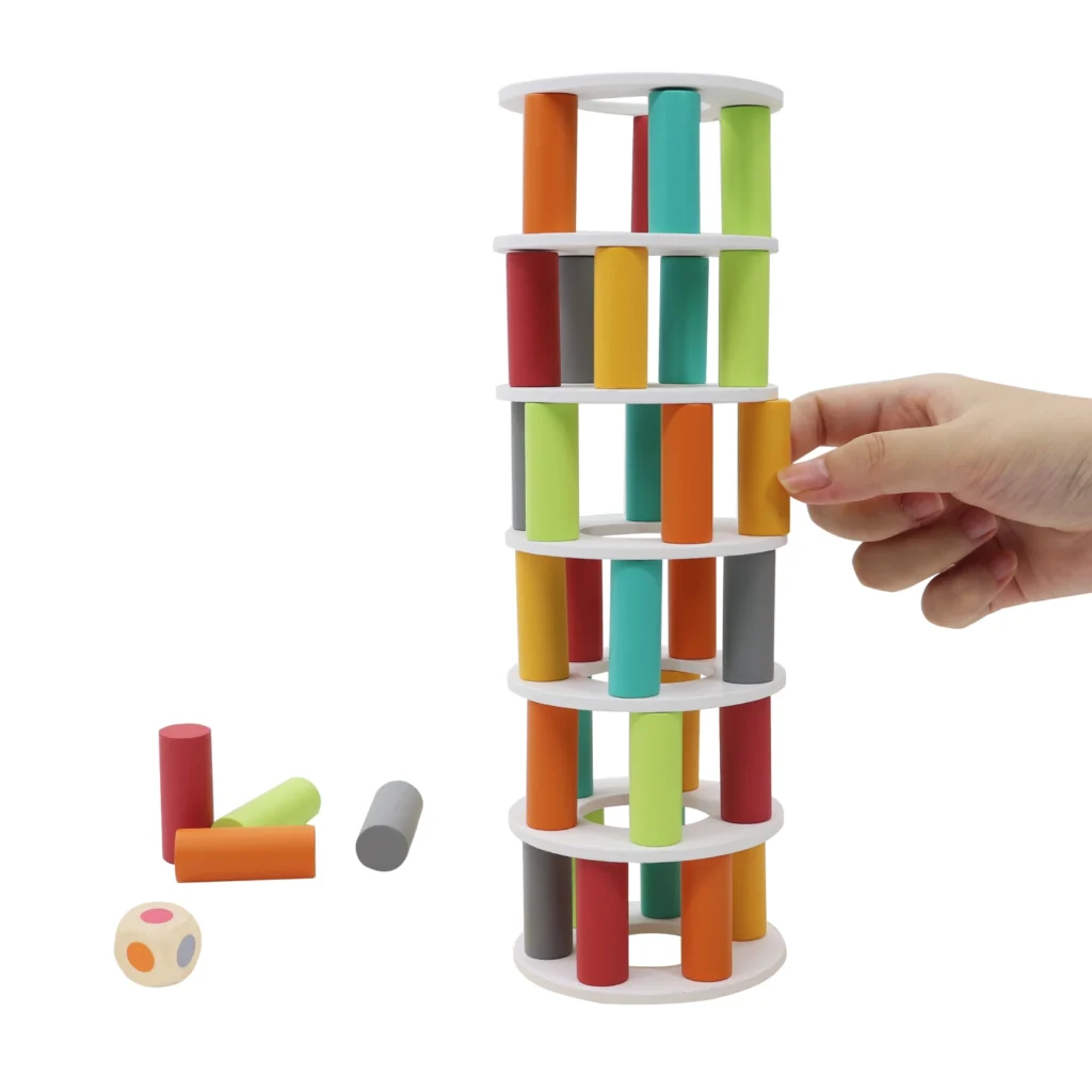 Pino Balans toranj – društvena drvena igra za decu sa diskovima, valjcima i kockicom